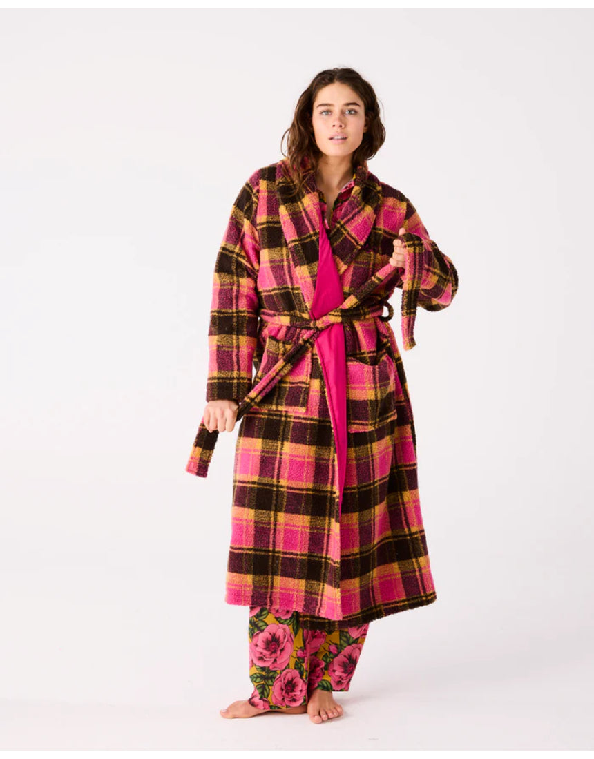 Kip & Co Alaskan adult Sherpa robe, soft plush fabric, beige and white color, cozy fit, shown hanging on a hook.