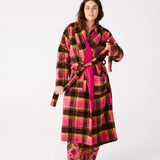 Kip & Co Alaskan adult Sherpa robe, soft plush fabric, beige and white color, cozy fit, shown hanging on a hook.
