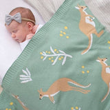 Living Textiles Australiana baby blanket featuring a kangaroo design in green, soft and cozy for infants.