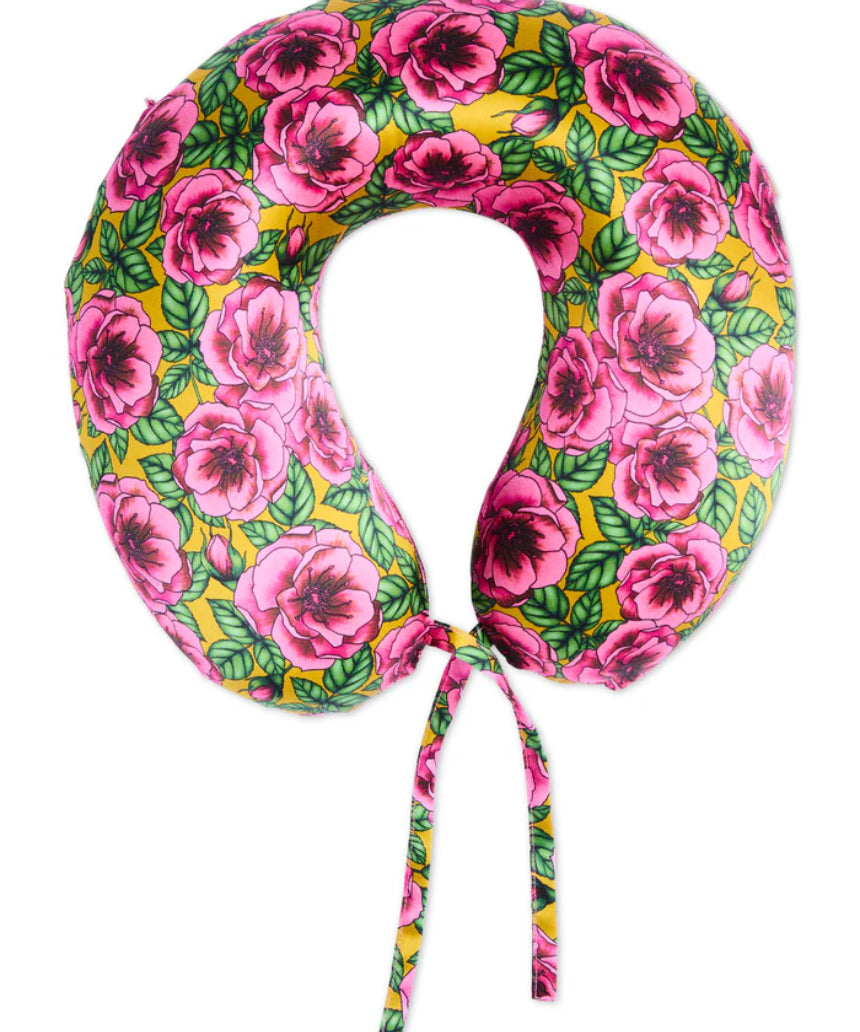 Kip & Co Golden Peony silk travel pillow with plush yellow fabric and decorative floral pattern for comfortable travel rest.