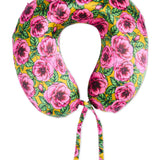 Kip & Co Golden Peony silk travel pillow with plush yellow fabric and decorative floral pattern for comfortable travel rest.