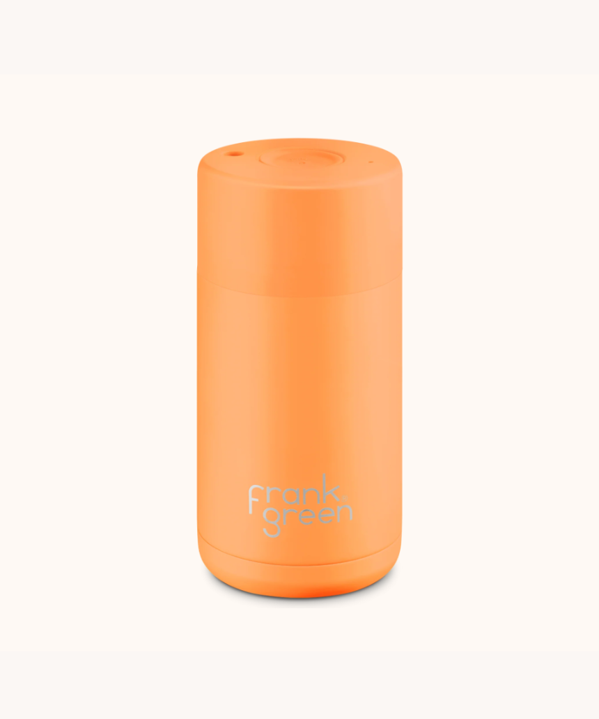 Frank Green neon orange ceramic reusable drinkwear cup, 12oz (355ml), with a sleek design and spill-proof lid.