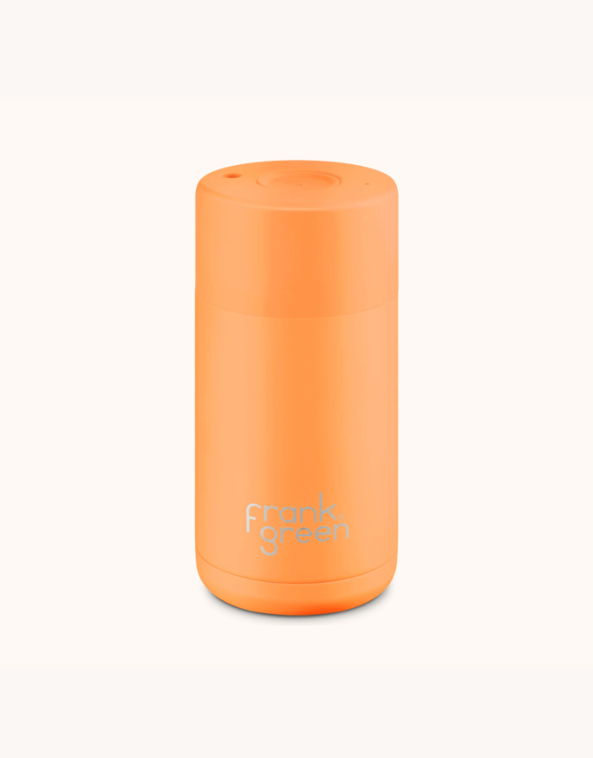 Frank Green neon orange ceramic reusable drinkwear cup, 12oz (355ml), with a sleek design and spill-proof lid.