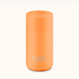 Frank Green neon orange ceramic reusable drinkwear cup, 12oz (355ml), with a sleek design and spill-proof lid.