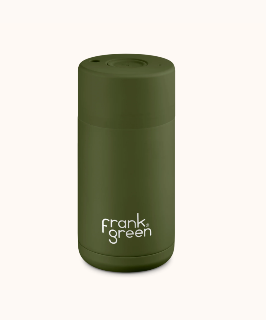 Frank Green khaki ceramic reusable cup, 12oz (355ml) drinkwear with a sleek design and secure lid, ideal for eco-friendly sipping.