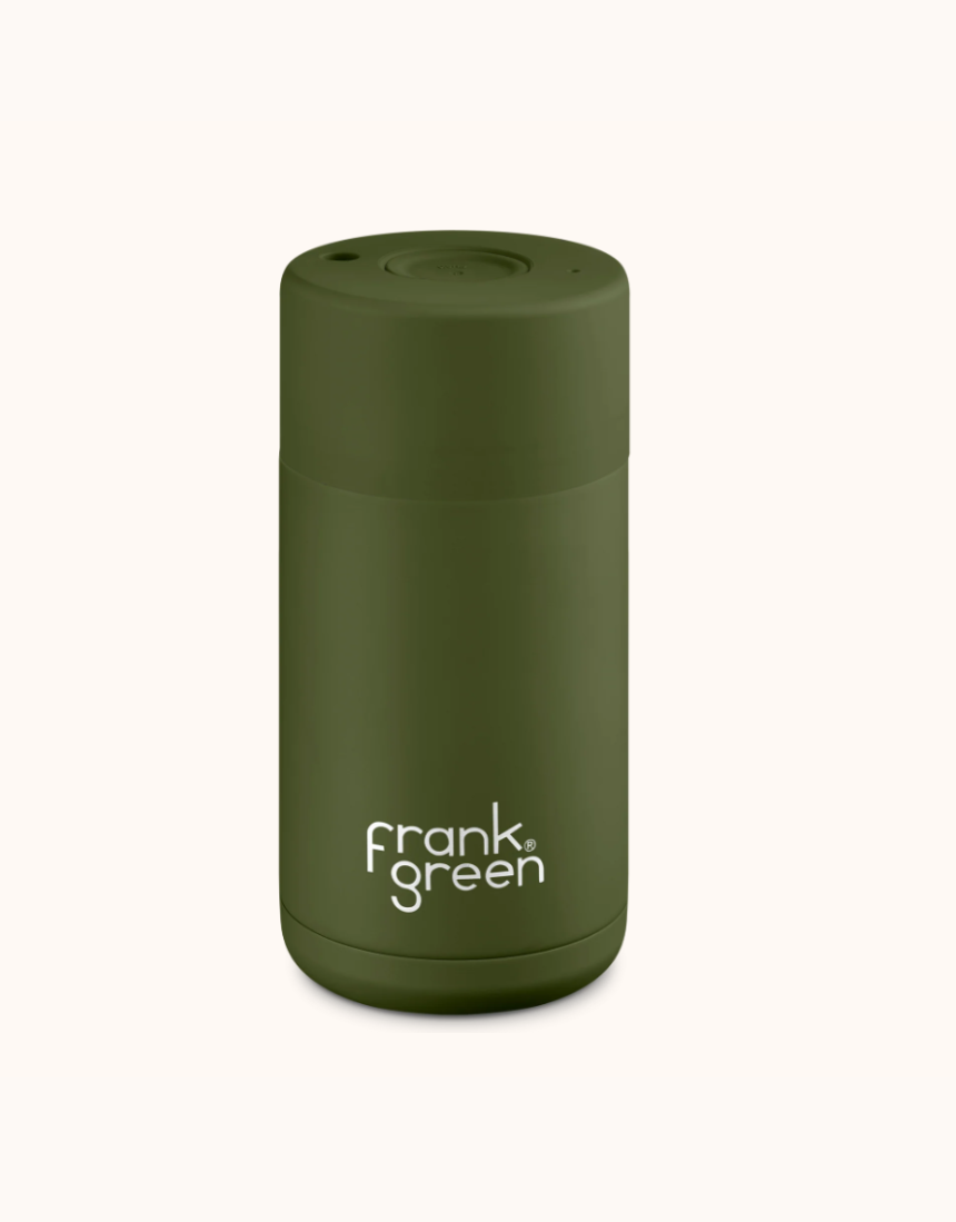 Frank Green khaki ceramic reusable cup, 12oz (355ml) drinkwear with a sleek design and secure lid, ideal for eco-friendly sipping.