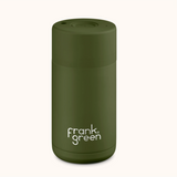 Frank Green khaki ceramic reusable cup, 12oz (355ml) drinkwear with a sleek design and secure lid, ideal for eco-friendly sipping.