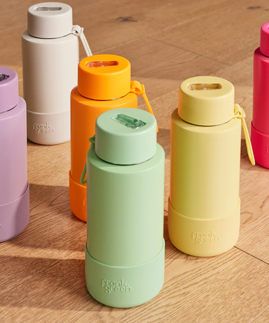 Large Frank Green Bottle Bumper Guard showing protective silicone cover around a reusable water bottle.