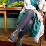 Tightology Deco Grey Merino Wool Tights displayed on a mannequin, showcasing their snug fit and soft wool texture.