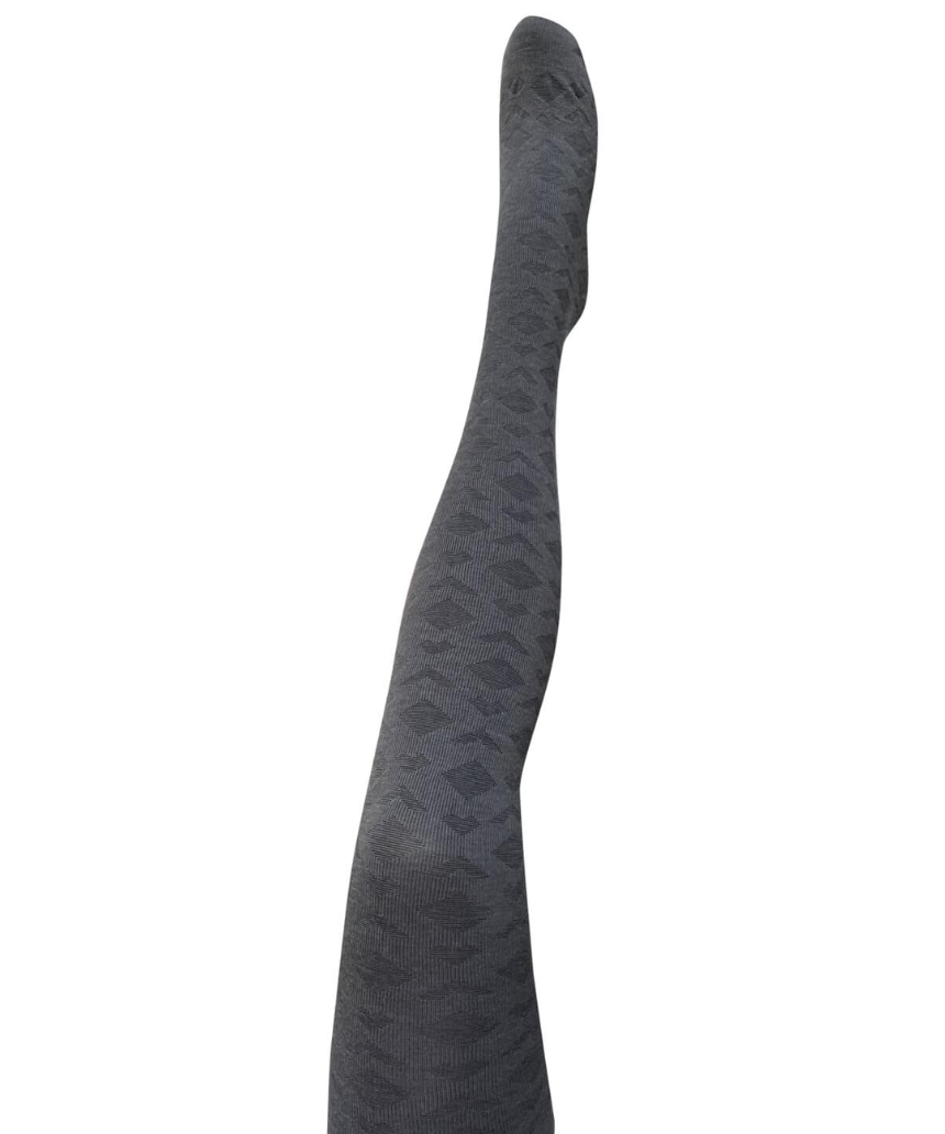 Tightology Deco Grey Merino Wool Tights shown on a model, highlighting the soft knit fabric and snug fit for cold weather wear.