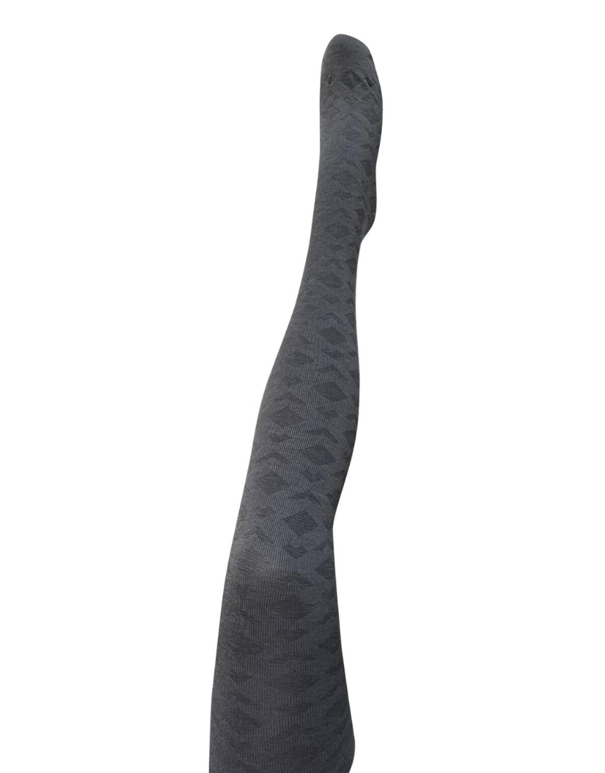 Tightology Deco Grey Merino Wool Tights shown on a model, highlighting the soft knit fabric and snug fit for cold weather wear.