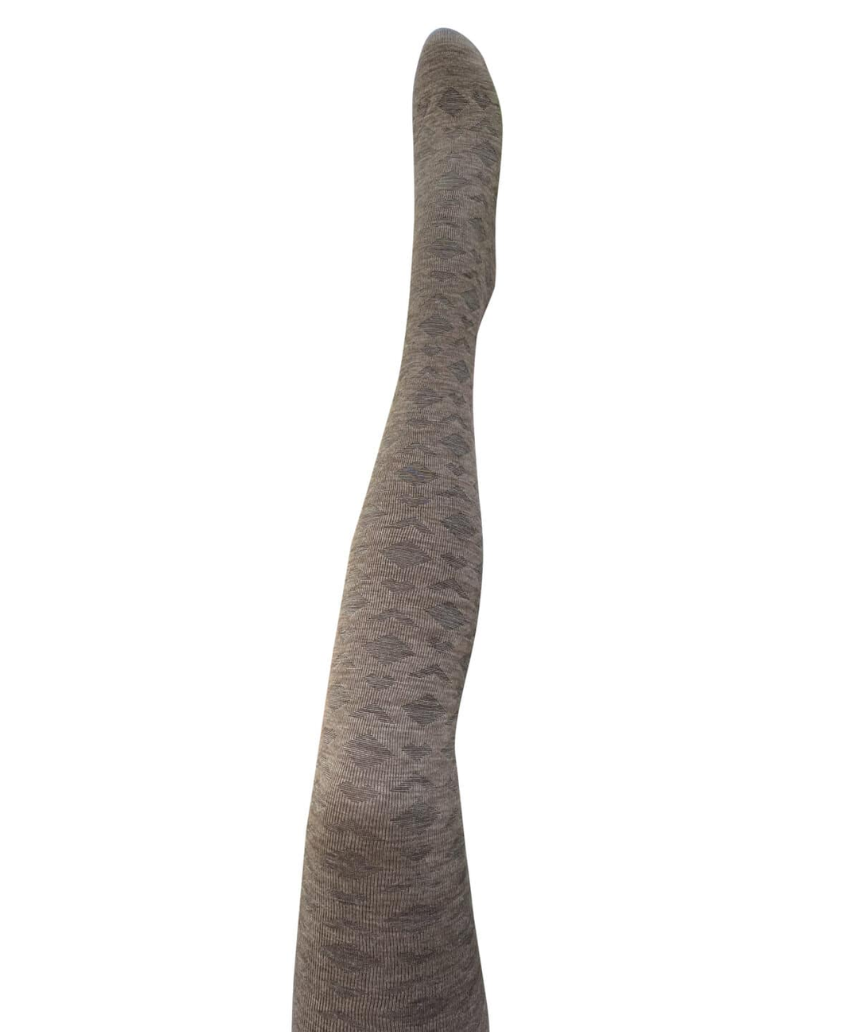 Tightology Deco Brown Merino Wool Tights displayed on a model, showcasing their snug fit and soft, warm wool material.