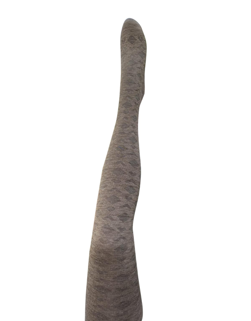 Tightology Deco Brown Merino Wool Tights displayed on a model, showcasing their snug fit and soft, warm wool material.