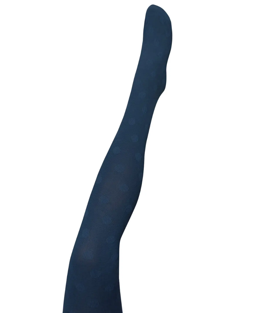 Navy cotton tights by Tightology, featuring a close-up view of the stretchy, comfortable fabric and elastic waistband.