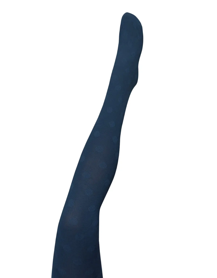 Navy cotton tights by Tightology, featuring a close-up view of the stretchy, comfortable fabric and elastic waistband.