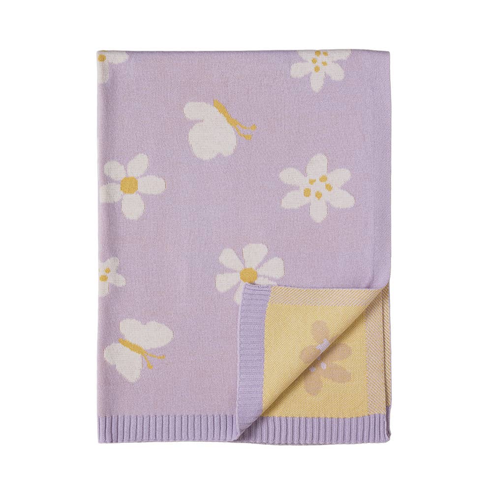 Living Textiles Pram Knitted Blanket in Lilac Daisy Dreams with soft, cozy knit pattern suitable for babies.