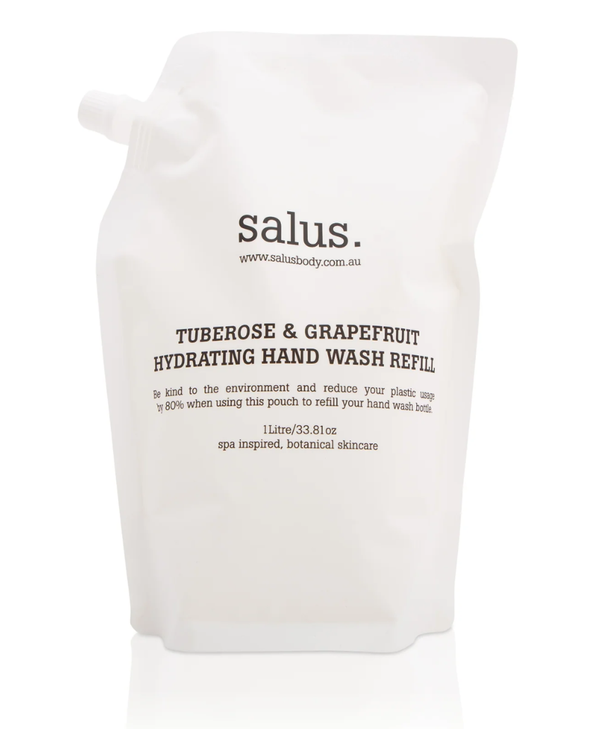 Salus Tuberose & Grapefruit hydrating hand wash refill bottle, 1 liter, bath and body product with floral and citrus scent.