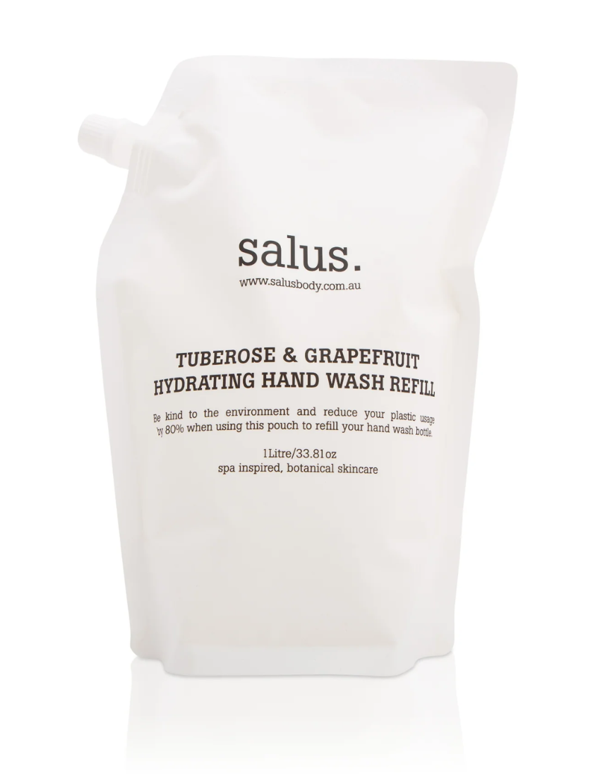 Salus Tuberose & Grapefruit hydrating hand wash refill bottle, 1 liter, bath and body product with floral and citrus scent.