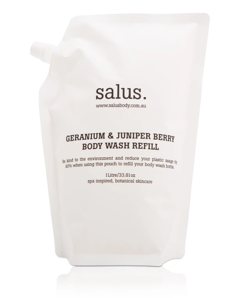 Salus Geranium and Juniper Berry Body Wash refill bottle, 1 liter, for bath and body skincare, with natural botanical ingredients
