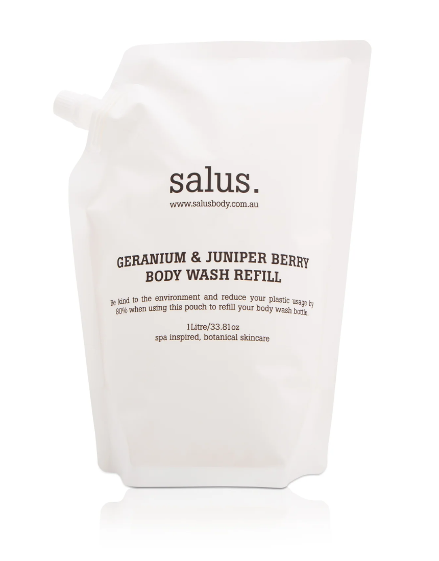 Salus Geranium and Juniper Berry Body Wash refill bottle, 1 liter, for bath and body skincare, with natural botanical ingredients