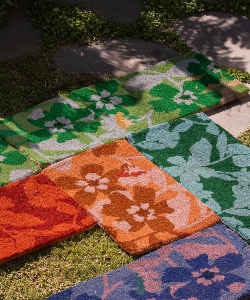 Bonnie and Neil Mallow Blue Green long door mat with floral pattern, ideal for welcoming outdoor entryways