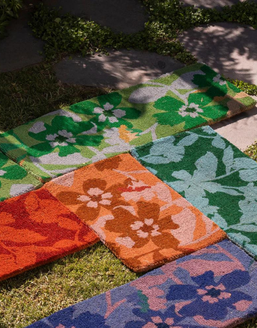 Bonnie and Neil Mallow Blue Green long door mat with floral pattern, ideal for welcoming outdoor entryways