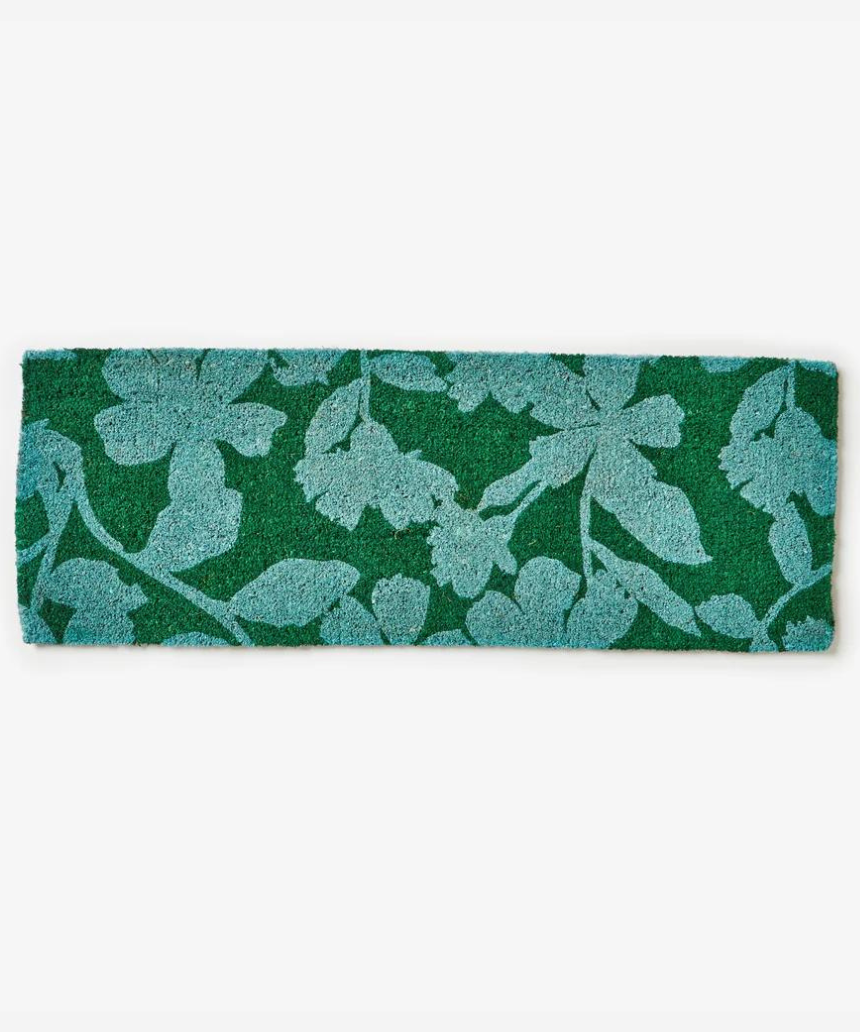 Bonnie and Neil Mallow Blue Green long door mat with geometric pattern and textured fabric for outdoor or indoor use.