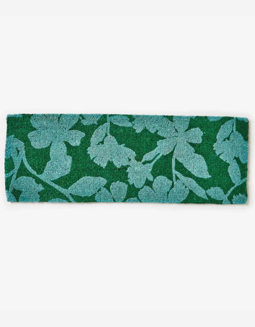Bonnie and Neil Mallow Blue Green long door mat with geometric pattern and textured fabric for outdoor or indoor use.