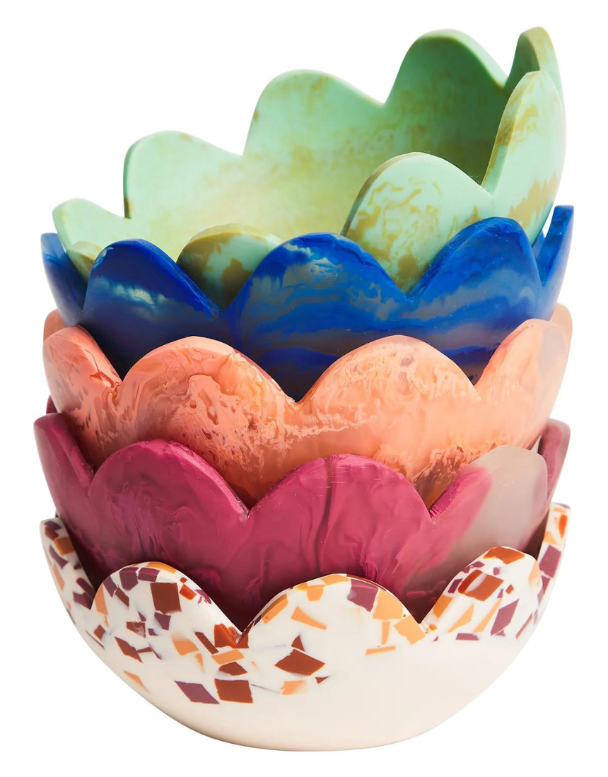 Sage x Clare Petal Bowl Rhubarb dinnerware with floral pattern, pink and white ceramic bowl for serving or display.