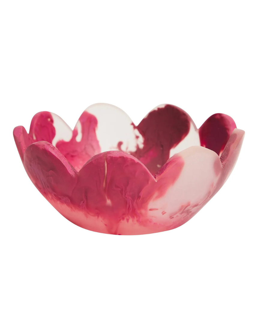 Sage x Clare Petal Bowl in Rhubarb dinnerware with a floral petal design, showcasing vibrant pink and red ceramic bowl.