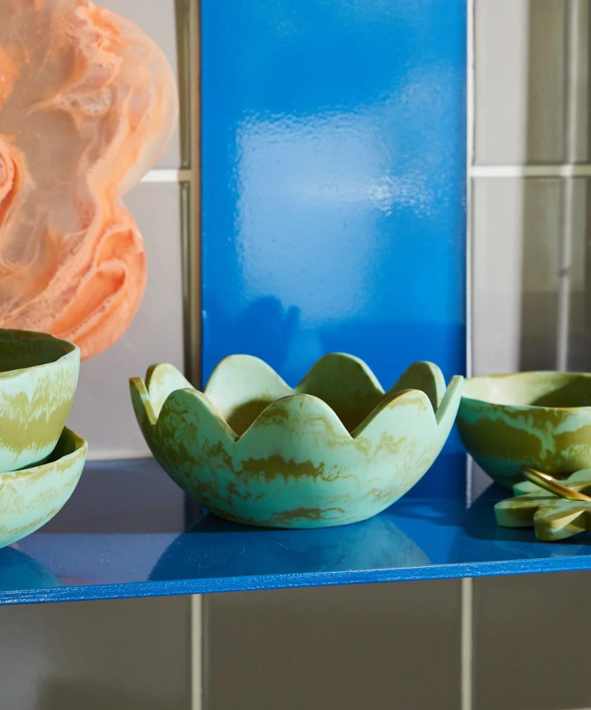 Sage x Clare Petal Bowl Artichoke dinnerware with a floral petal design in soft green and beige tones.