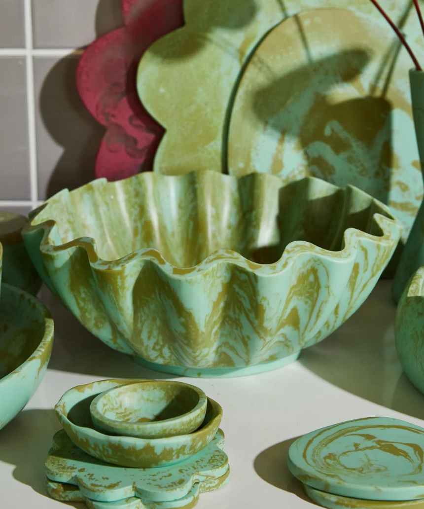 Sage x Clare Venus Bowl Artichoke dinnerware with a vibrant artichoke design, showcasing intricate patterns and colorful details.