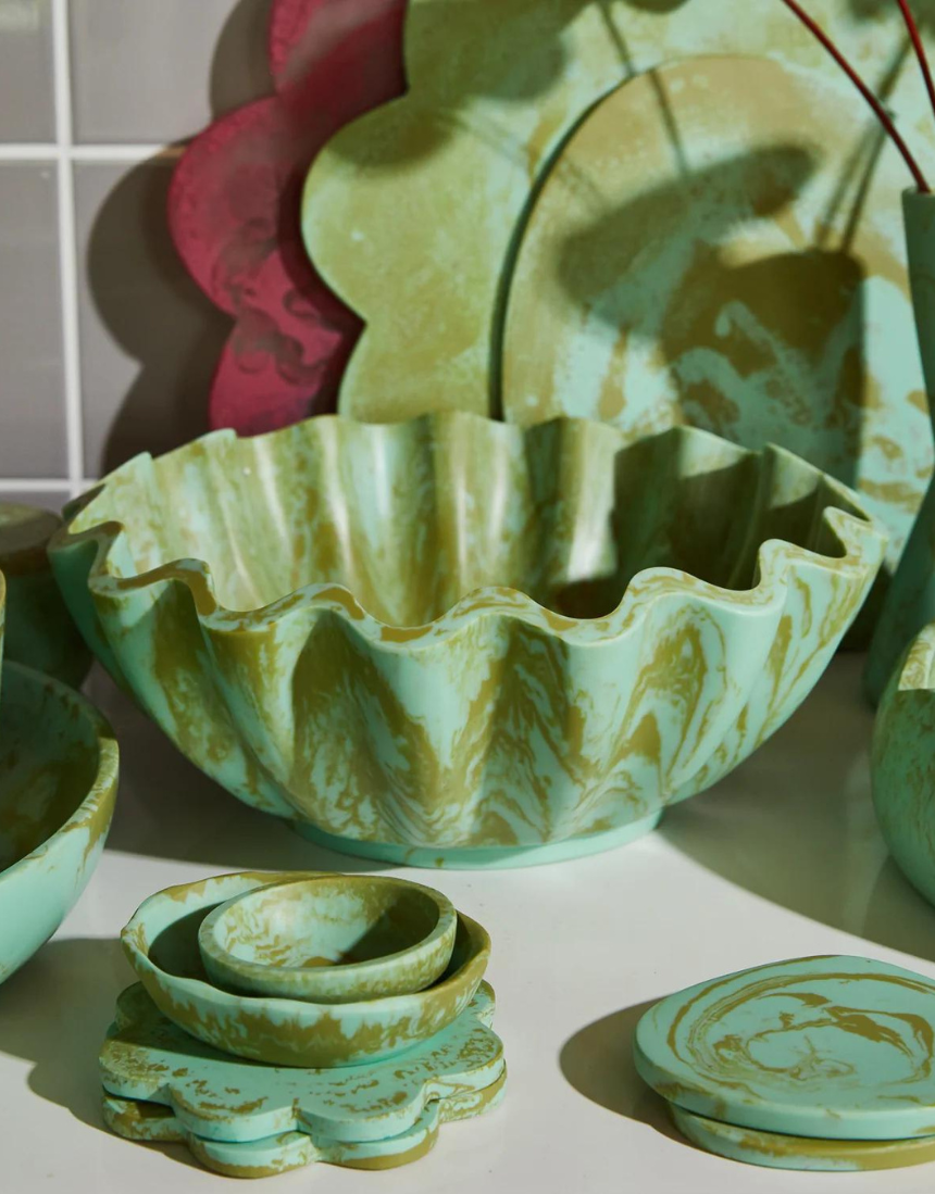Sage x Clare Venus Bowl Artichoke dinnerware with a vibrant artichoke design, showcasing intricate patterns and colorful details.
