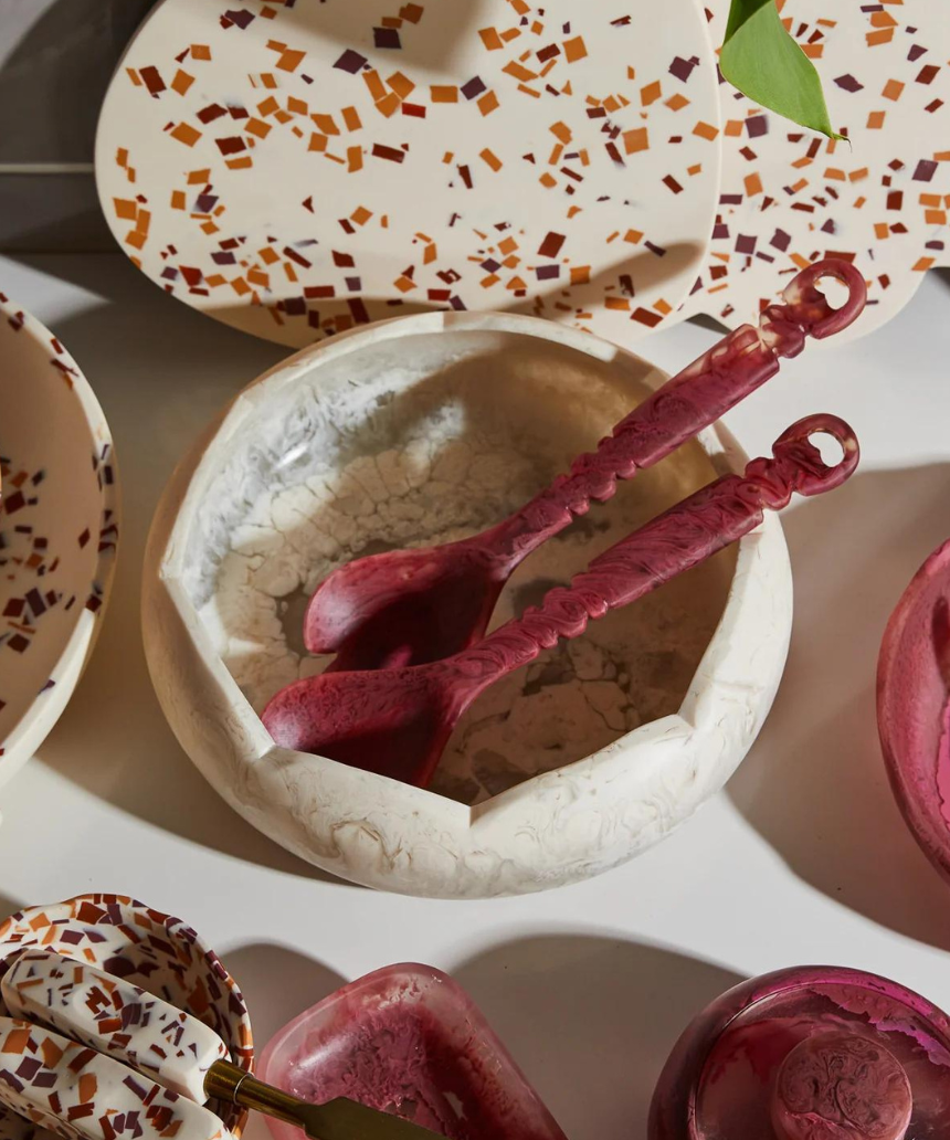 Sage x Clare Wilkie Salad Plate with Rhubarb design, white ceramic dinnerware featuring a colorful floral pattern.