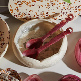 Sage x Clare Wilkie Salad Plate with Rhubarb design, white ceramic dinnerware featuring a colorful floral pattern.