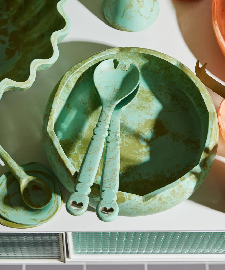 Sage x Clare Wilkie Salad Plate with artichoke design, ceramic dinnerware for serving salads in a stylish kitchen setting