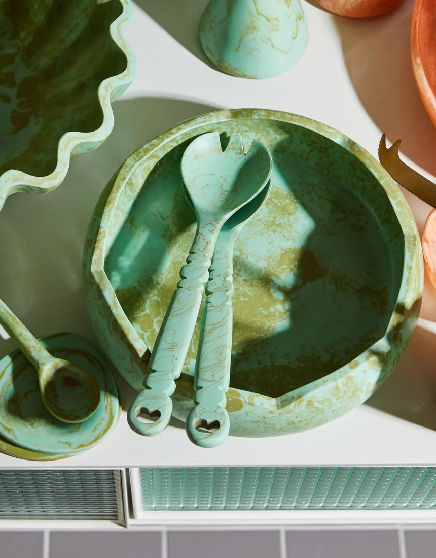 Sage x Clare Wilkie Salad Plate with artichoke design, ceramic dinnerware for serving salads in a stylish kitchen setting