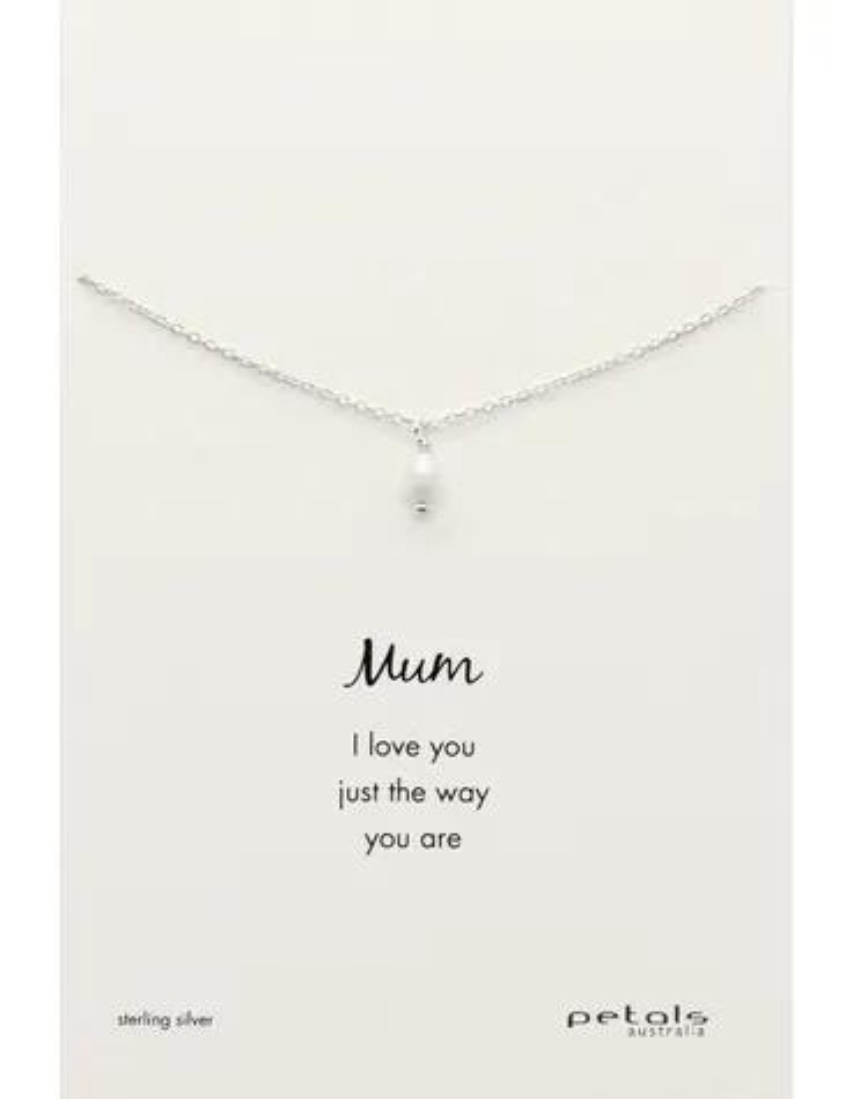 Mini pearl mum necklace by Petals Australia featuring delicate pearl flower pendant on a fine chain.