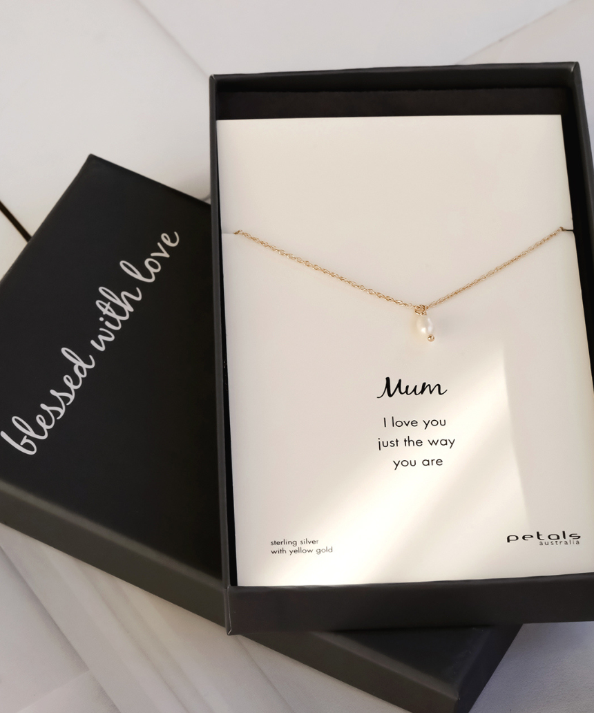 Mini Pearl Mum necklace by Petals Australia featuring delicate pearl flower pendant on a fine chain.