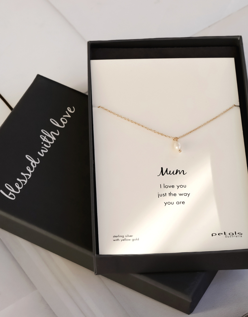 Mini Pearl Mum necklace by Petals Australia featuring delicate pearl flower pendant on a fine chain.