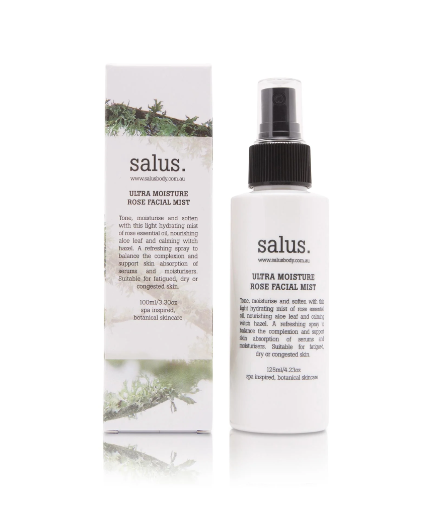 Salus Ultra Moisture Rose Facial Mist in a spray bottle, designed for hydrating skin in bath and body skincare routines.