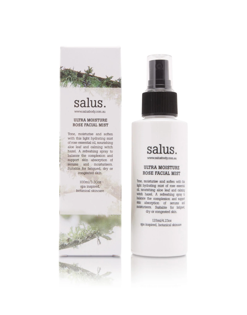 Salus Ultra Moisture Rose Facial Mist in a spray bottle, designed for hydrating skin in bath and body skincare routines.