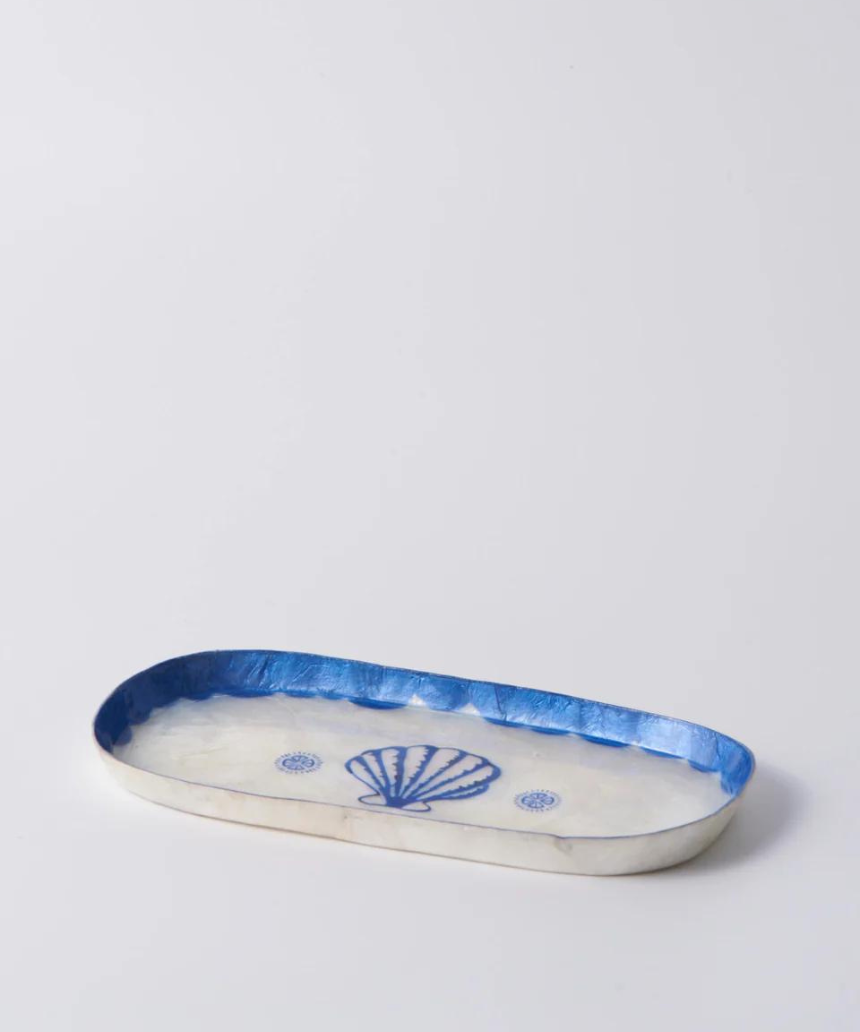 Jones & Co Atlantic Shell Tray in blue, decorative ceramic dish with shell design for coastal-inspired table decor.