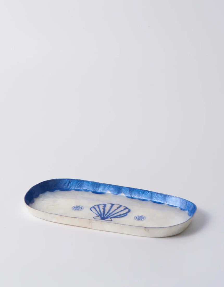Jones & Co Atlantic Shell Tray in blue, decorative ceramic dish with shell design for coastal-inspired table decor.
