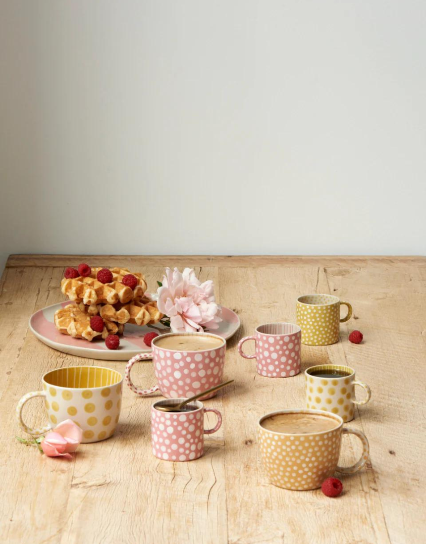 Jones & Co chino espresso cup with mustard dot pattern, ceramic mug for coffee or espresso drinking.