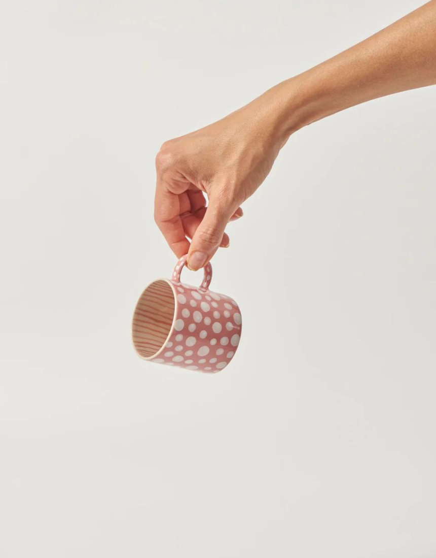 Jones & Co espresso cup with pink dot pattern, made of ceramic, featuring a classic chino style in pink and brown tones.