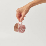 Jones & Co espresso cup with pink dot pattern, made of ceramic, featuring a classic chino style in pink and brown tones.
