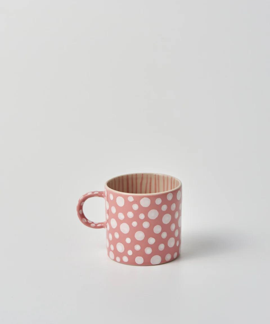 Jones & Co Chino Espresso Cup in pink with dotted pattern, ceramic mug for coffee or espresso.