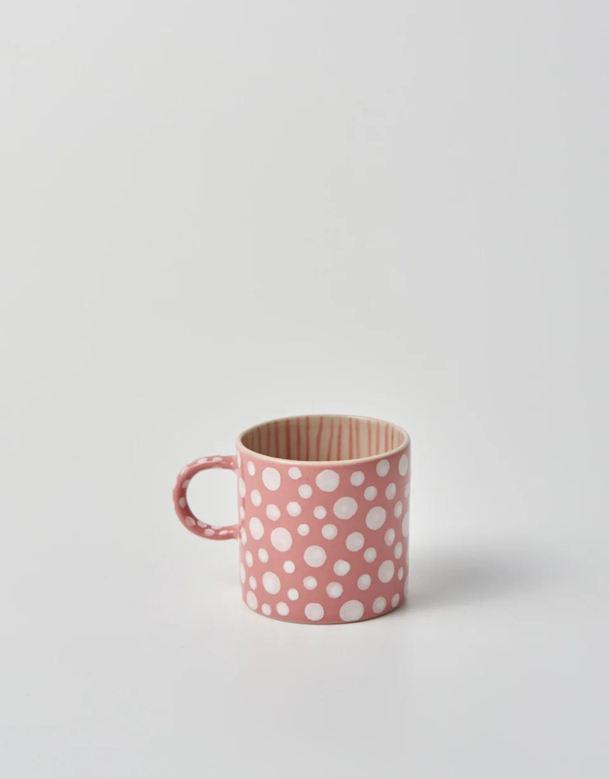 Jones & Co Chino Espresso Cup in pink with dotted pattern, ceramic mug for coffee or espresso.
