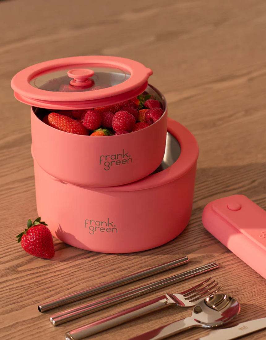 Frank Green stainless steel bowls with glass lids, 700ml and 1500ml, ideal for home storage and meal prep.